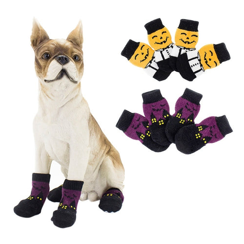 4PCS/set Cartoon Warm Dog Bat Pumpkin Socks Halloween Anti Slip Skid Socks Soft Cotton Pet Knits Socks Pet Products S/M/L/XL